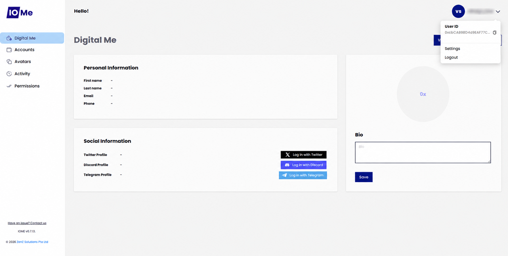IOMe home page — open Settings from the profile menu