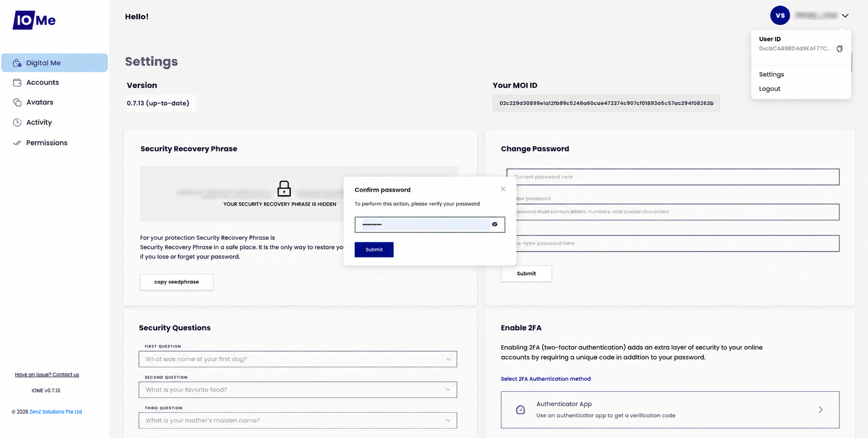 IOMe Settings — copy seed phrase and confirm your password